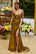 Gold Sweetheart Ruched Bodice Fitted Shiny Satin Gown With Leg Slit