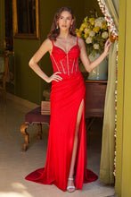 Red Glitter Jersey Skirt Slit Dress