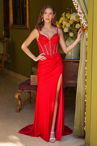 Red Glitter Jersey Skirt Slit Dress