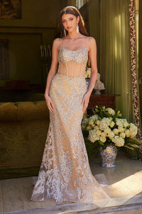 Champagne Embellished Boat Neckline Spaghetti Strap Dress
