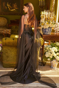 Embellished Scallop Edge Lace-Up Back Lace Bodice Satin Skirt Dress