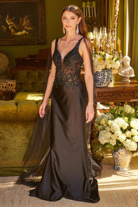 Embellished Scallop Edge Lace-Up Back Lace Bodice Satin Skirt Dress