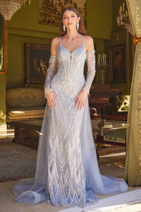 Smoky Blue Embellished Lace-Up Back Spaghetti Strap Corset Dress
