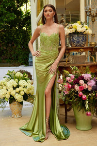 Sage Spaghetti Strap Embellished Bejeweled Mesh Corset Pleat Detail Slit Satin Skirt Dress