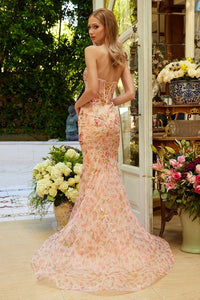 Peach Embellished Strapless Sweetheart Lace-Up Corset Dress