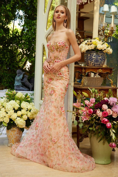 Peach Embellished Strapless Sweetheart Lace-Up Corset Dress