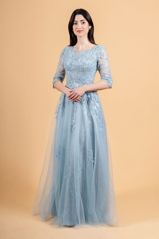 Smoky Blue Embroidery Sequin Embellishments Lace Underlayer Dress