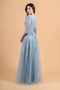Smoky Blue Embroidery Sequin Embellishments Lace Underlayer Dress