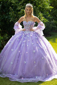 Lilac 3D Butterfly Flower Applique Embellished Glitter Flower Mesh Train Dress