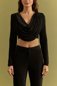 Black Knit Long Sleeve Cowl Neck Top And Pants Set