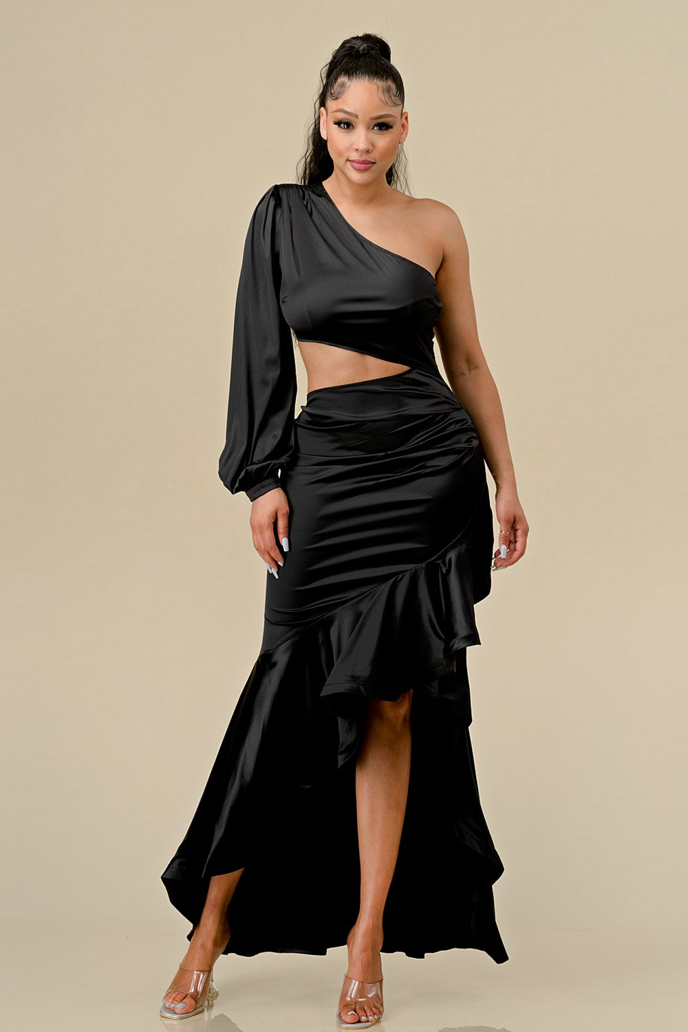 Black One Shoulder Diagonal Ruffle Bottom Dress Aquarius Brand Black One Shoulder Diagonal Ruffle Bottom Dress Aquarius Brand