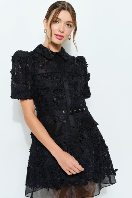 Black Short Puff Sleeve Floral Lace Belted Mini Dress
