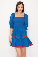 Blue/Wine Square Neck Smocked Embroidered Puff Sleeve Mini Dress