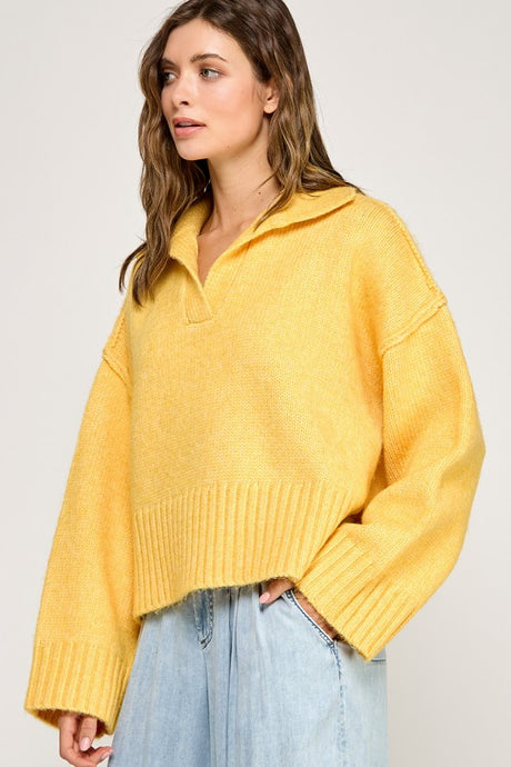 Yellow Melange Polo Collar Soft Sweater