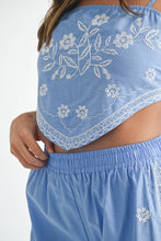Periwinkle Linen Mix Embroidered Scarf Top And Pants Set