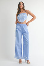 Periwinkle Linen Mix Embroidered Scarf Top And Pants Set