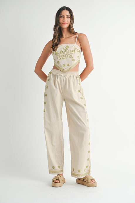 Lt Taupe Linen Mix Embroidered Scarf Top And Pants Set
