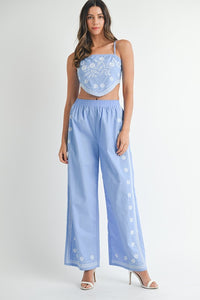 Periwinkle Linen Mix Embroidered Scarf Top And Pants Set