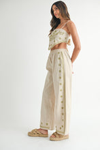 Lt Taupe Linen Mix Embroidered Scarf Top And Pants Set