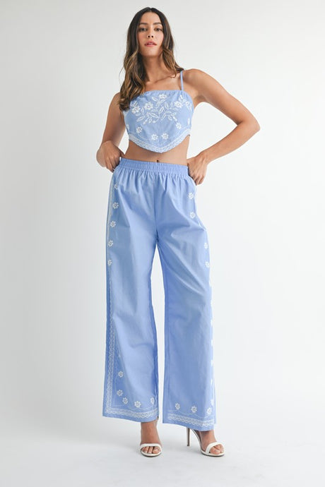 Periwinkle Linen Mix Embroidered Scarf Top And Pants Set