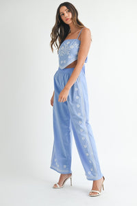 Periwinkle Linen Mix Embroidered Scarf Top And Pants Set
