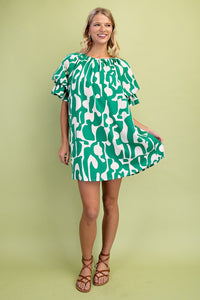 Green Geometric Print Loose Fit Mini Dress