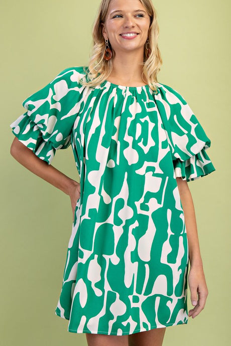Green Geometric Print Loose Fit Mini Dress