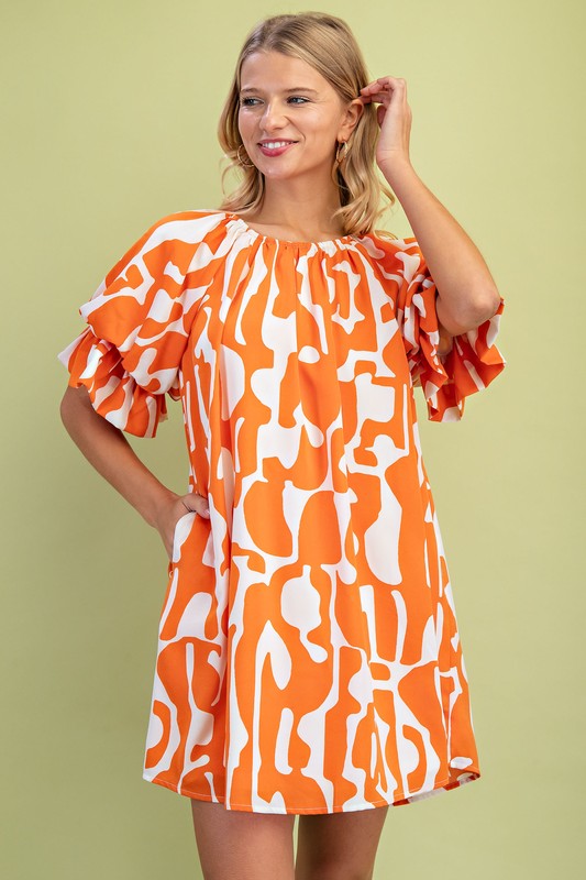 Orange Geometric Print Loose Fit Mini Dress
