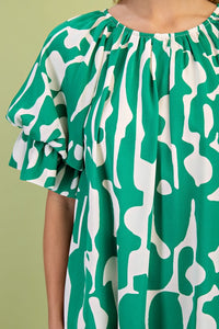 Green Geometric Print Loose Fit Mini Dress