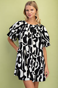 Black Geometric Print Loose Fit Mini Dress