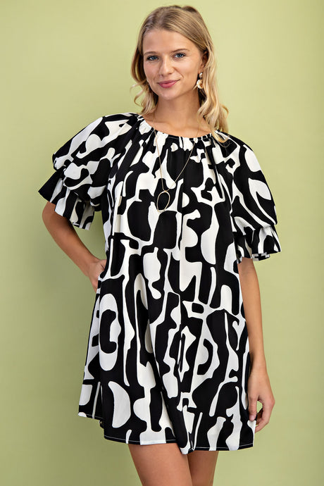 Black Geometric Print Loose Fit Mini Dress