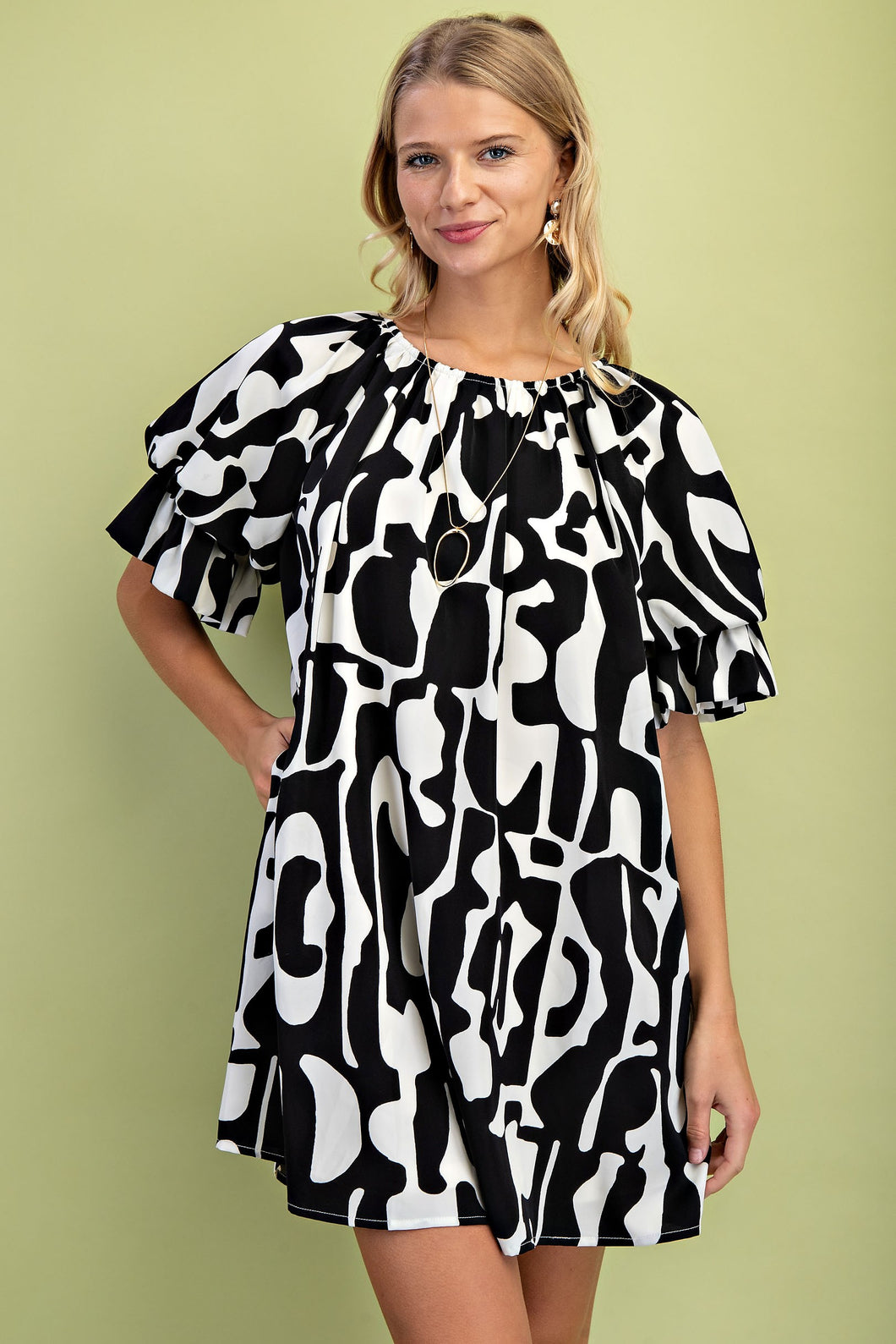 Black Geometric Print Loose Fit Mini Dress