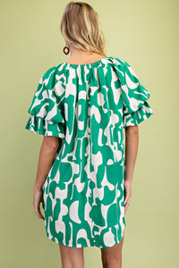 Green Geometric Print Loose Fit Mini Dress