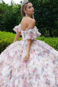Pink Embellished Corset Pleated Bodice Ruffle Detail Printed Mesh Skirt