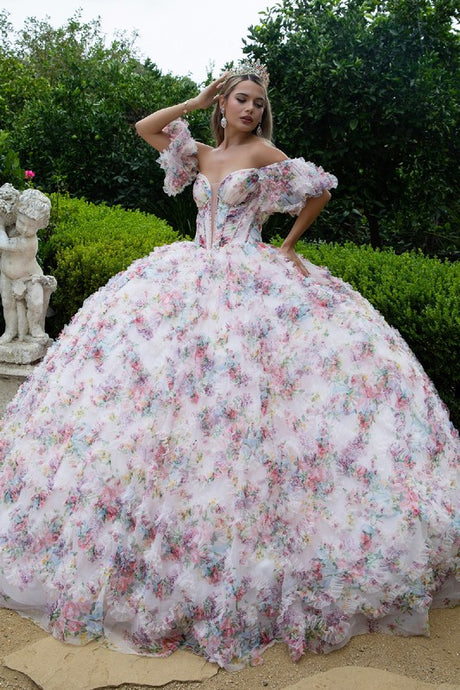 Pink Embellished Corset Pleated Bodice Ruffle Detail Printed Mesh Skirt