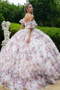Pink Embellished Corset Pleated Bodice Ruffle Detail Printed Mesh Skirt