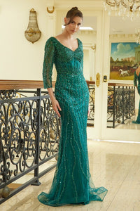 E/M Green Sheer 3/4 Sleeve Bead Sequin Embellished V-Back Corset Dress With Slit