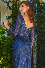 Navy Sheer 3/4 Sleeve Bead Sequin Embellished V-Back Corset Dress With Slit