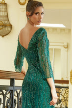 E/M Green Sheer 3/4 Sleeve Bead Sequin Embellished V-Back Corset Dress With Slit