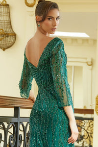 E/M Green Sheer 3/4 Sleeve Bead Sequin Embellished V-Back Corset Dress With Slit
