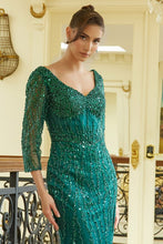 E/M Green Sheer 3/4 Sleeve Bead Sequin Embellished V-Back Corset Dress With Slit