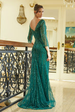 E/M Green Sheer 3/4 Sleeve Bead Sequin Embellished V-Back Corset Dress With Slit