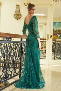 E/M Green Sheer 3/4 Sleeve Bead Sequin Embellished V-Back Corset Dress With Slit