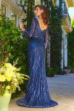 Navy Sheer 3/4 Sleeve Bead Sequin Embellished V-Back Corset Dress With Slit