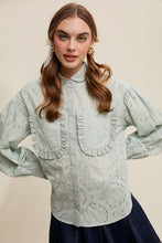 Sage Eyelet Ruffle Pocket Button-Up Blouse