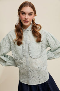 Sage Eyelet Ruffle Pocket Button-Up Blouse