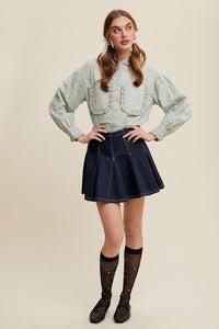 Sage Eyelet Ruffle Pocket Button-Up Blouse