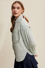 Sage Eyelet Ruffle Pocket Button-Up Blouse