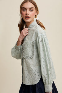 Sage Eyelet Ruffle Pocket Button-Up Blouse