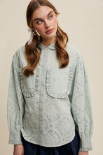 Sage Eyelet Ruffle Pocket Button-Up Blouse